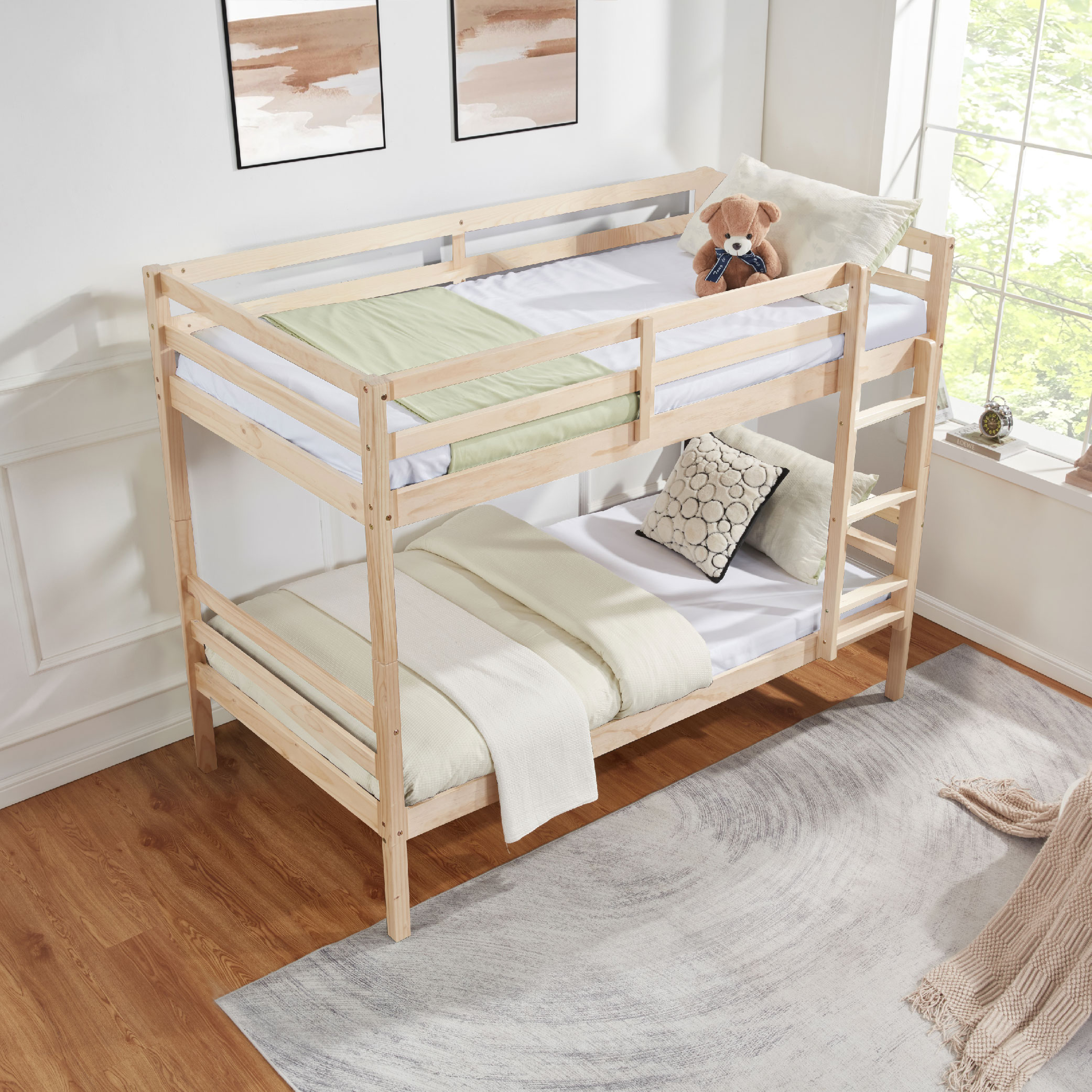 Twin over Twin Bunk Bed with Ladder,Wooden Bunk Bed with High Guardrail and Ladder for Kids, Teens, Dorm Rooms, and Guest Rooms,No Box Spring Needed,White Twin over Twin Bunk Bed with Ladder,Wooden Bunk Bed with High Guardrail and Ladder for Kids, Teens, Dorm Rooms, and Guest Rooms,No Box Spring Needed,White